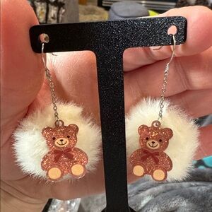 Teddy Bear Earrings with White Pom Poms